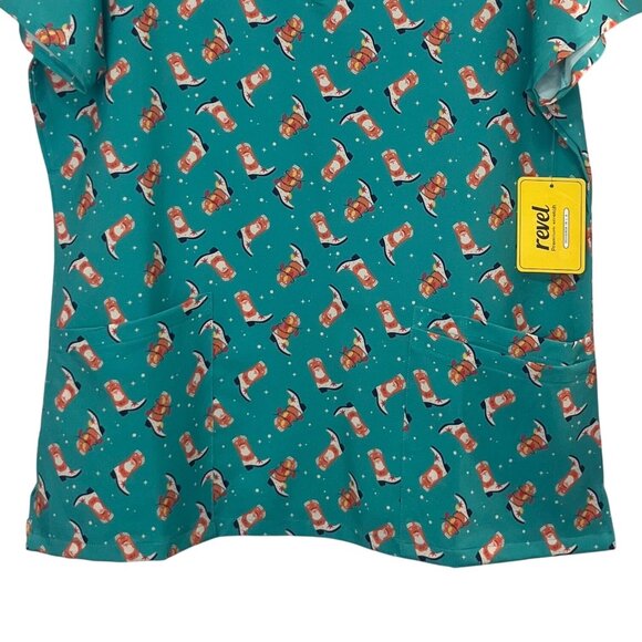 Revel Christmas Boots Scrub Top Womens Large Green New Premium Stretch - Picture 4 of 10